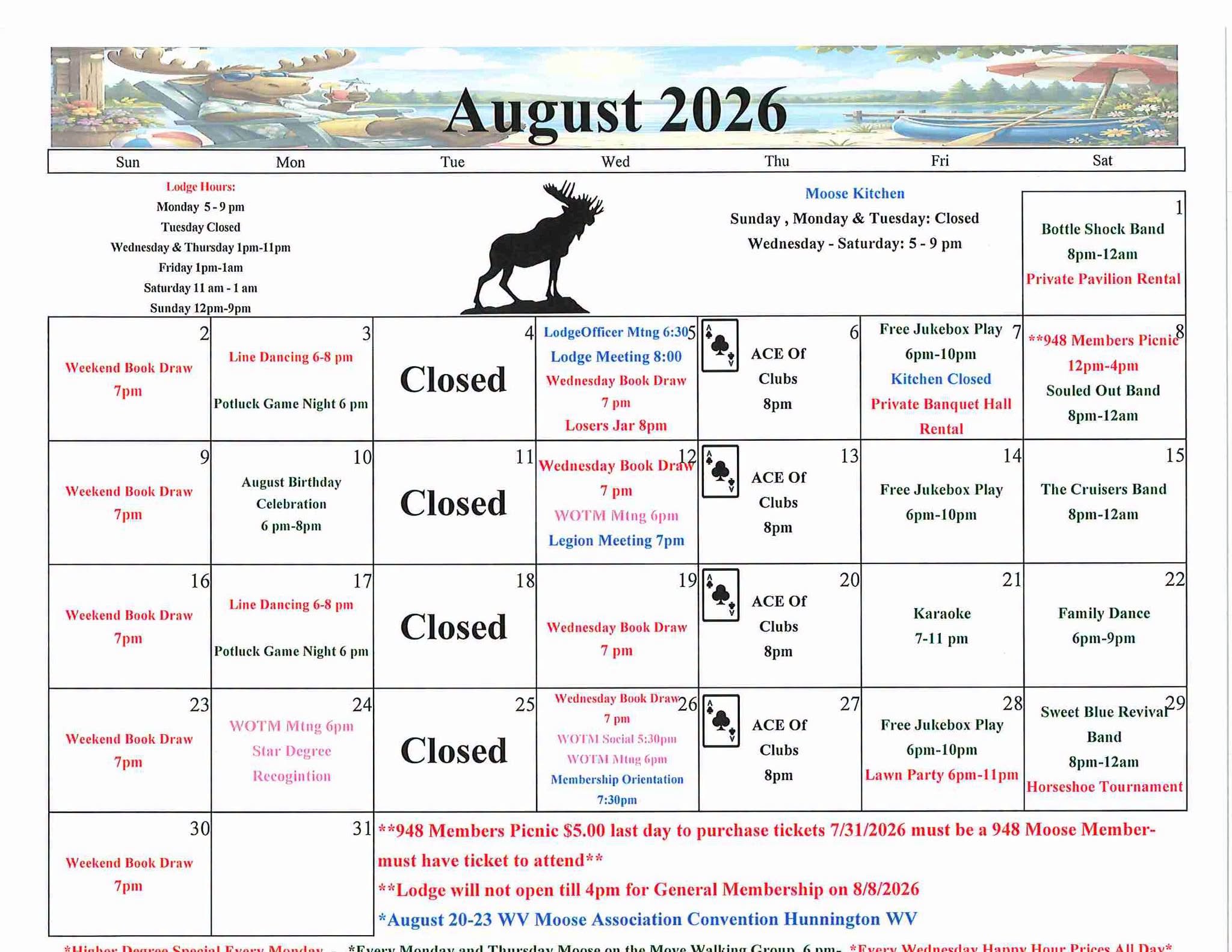 August 2026 Lodge Calendar