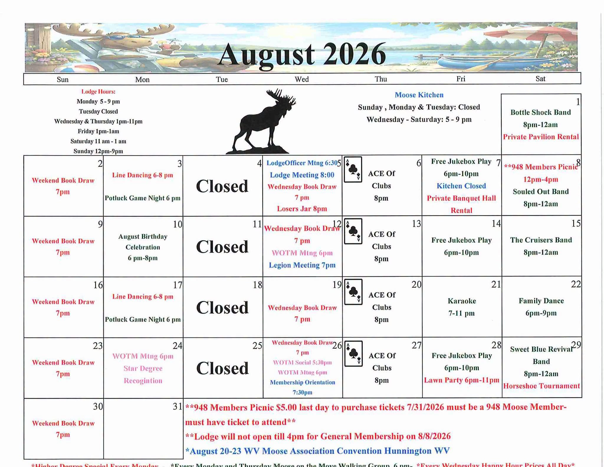 August 2026 Lodge Calendar